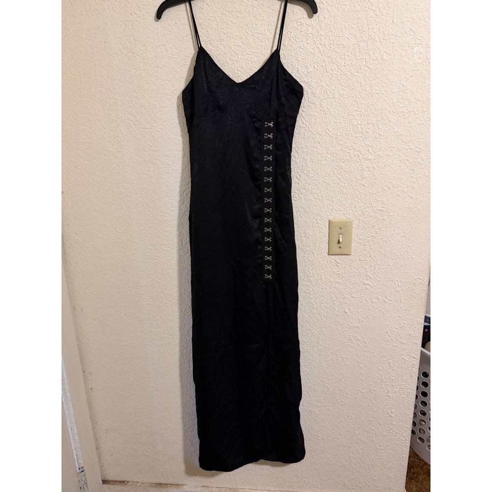 Wild Honey Black Satin Hook and Eye Side Slit Maxi Dress Womens Small Grunge